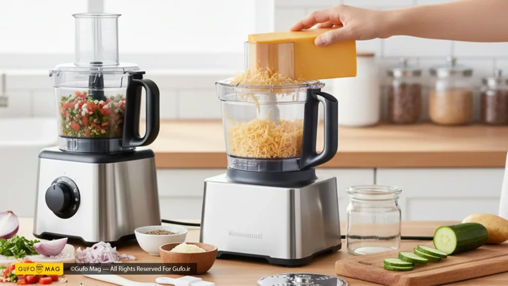 غذاساز در حال کار، یکی در حال خرد کردن سبزیجات و رنده کردن پنیر، همراه با مواد اولیه و تیغههای مختلف
