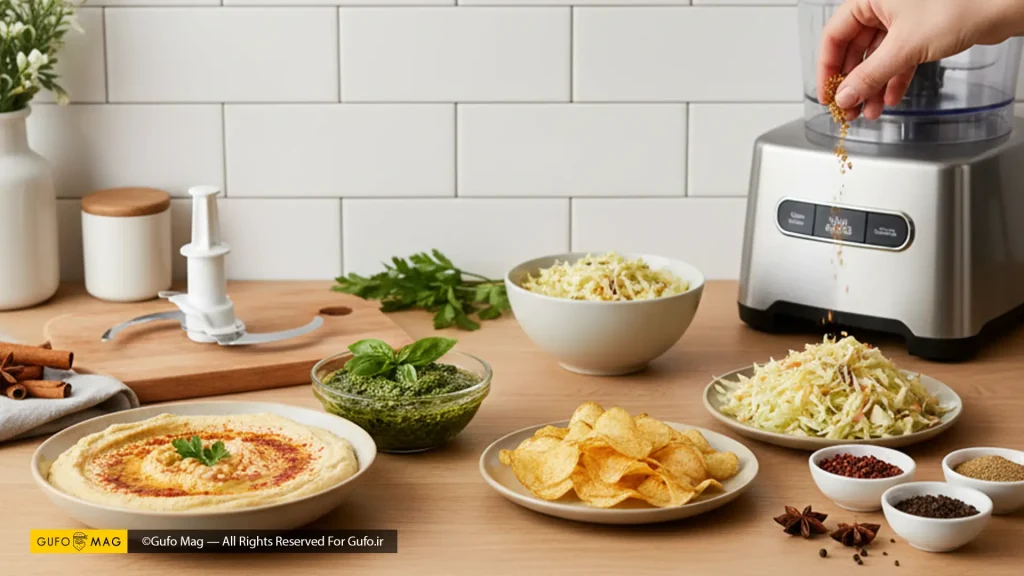 مجموعهای از غذاهای آماده شده با غذاساز و آسیاب