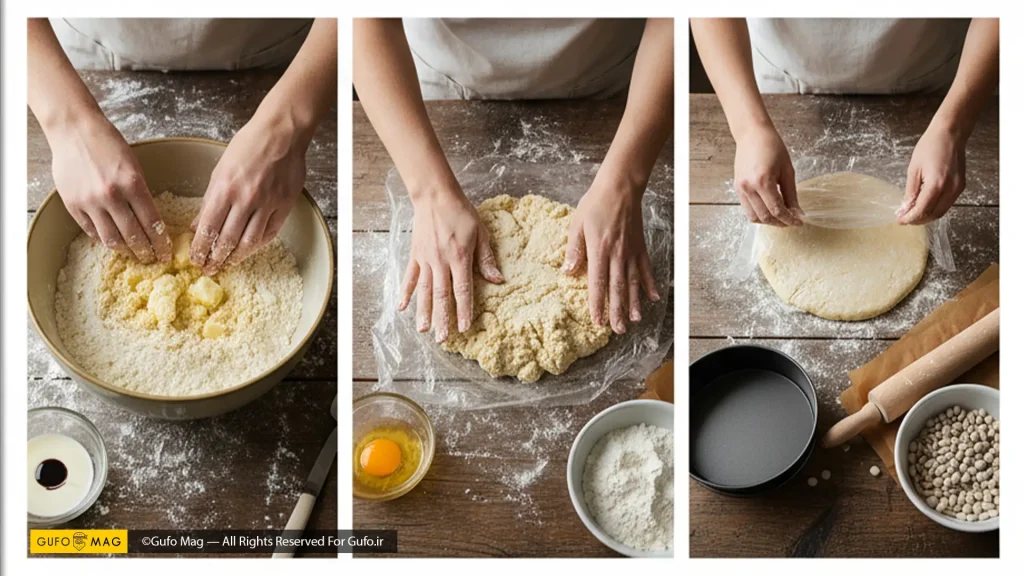 مراحل تهیه خمیر تارت شامل مخلوط کردن مواد، جمع کردن خمیر و آماده‌سازی آن برای استراحت