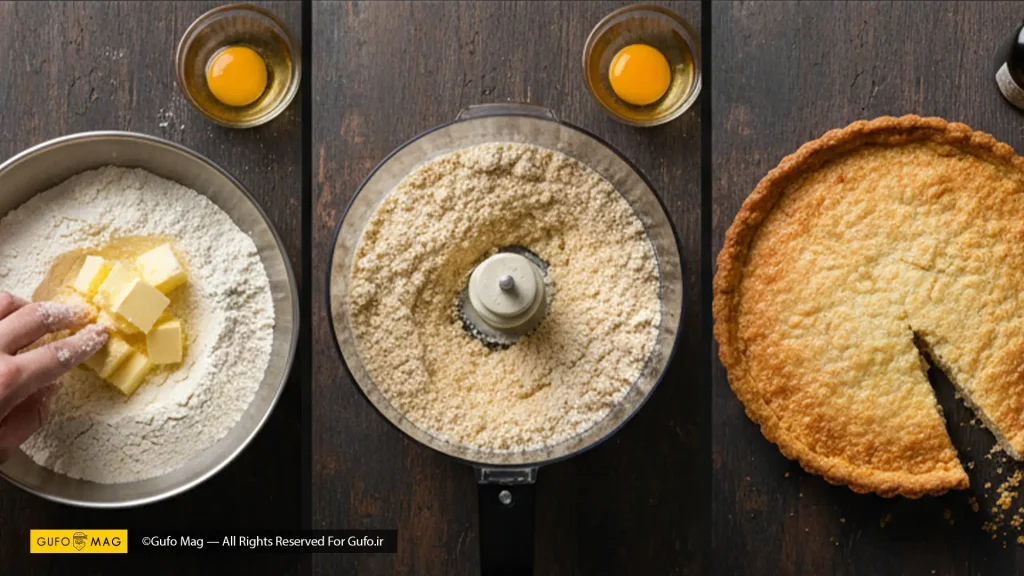 مخلوط کردن کره با آرد، خمیر آماده در غذاساز و یک تارت پخته شده
