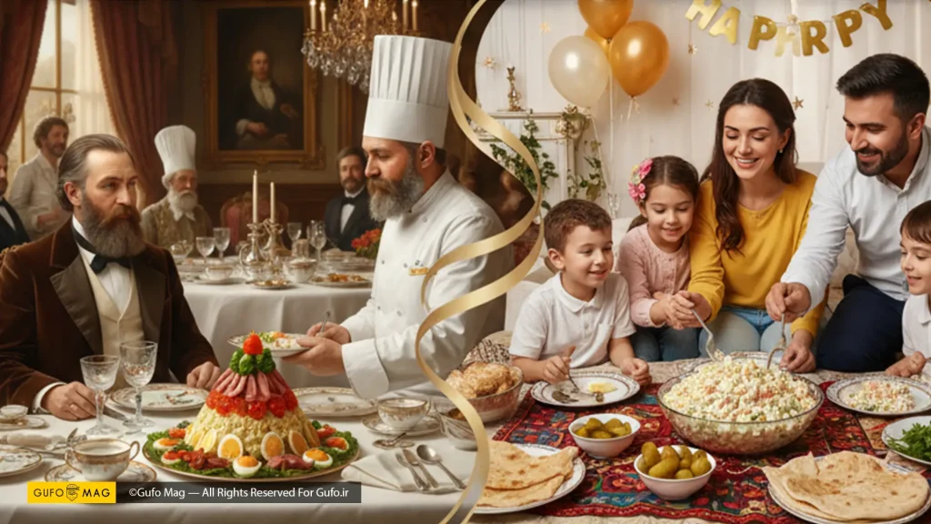 تصویر ترکیبی از سرآشپزی در حال سرو سالاد الویه اشرافی و خانوادهای در حال جشن تولد با الویه مدرن