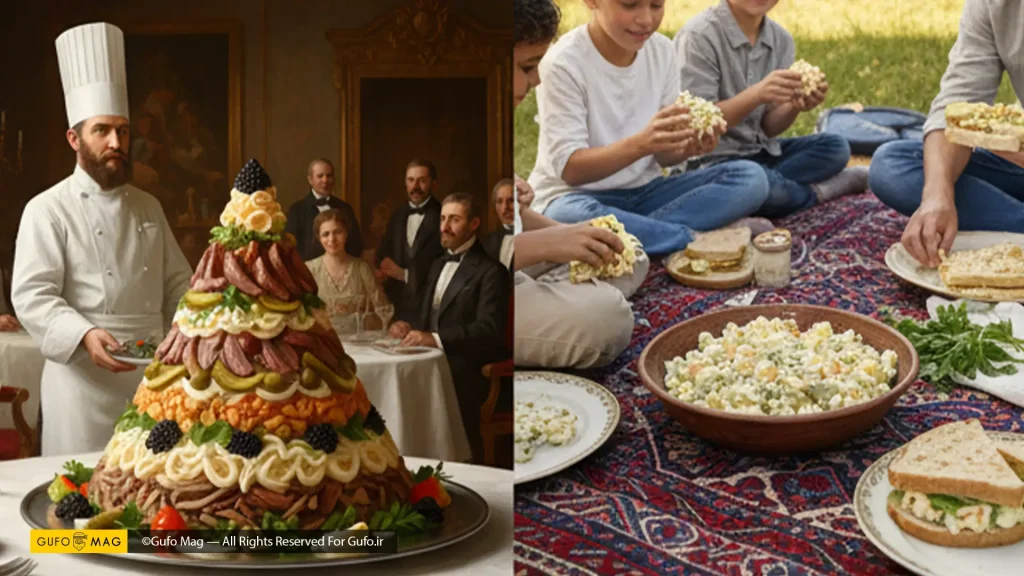 تصویر دوگانه از سرآشپز در حال سرو الویه لوکس و خانواده در حال لذت بردن از الویه سادهتر در پیکنیک