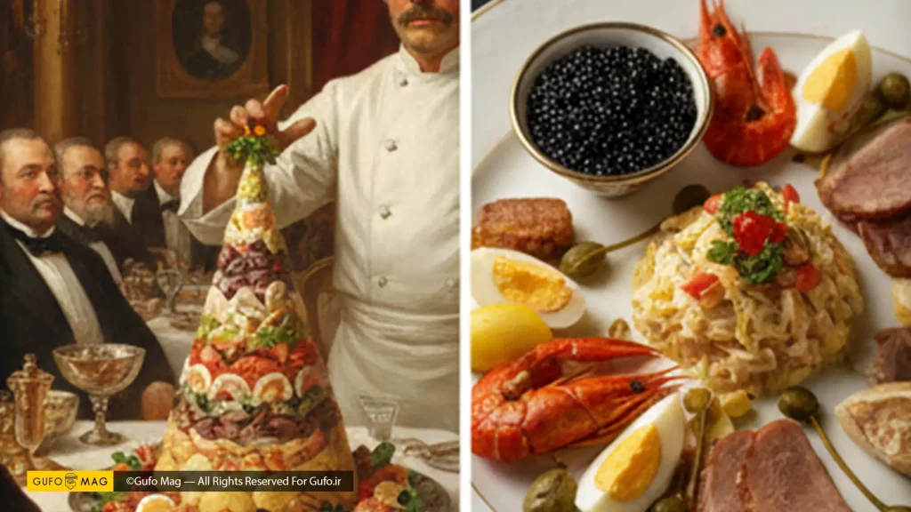 نمای دوگانه از سرآشپز لوسین الیویه در حال سرو سالاد اصلی و مواد لوکس سالاد الویه او