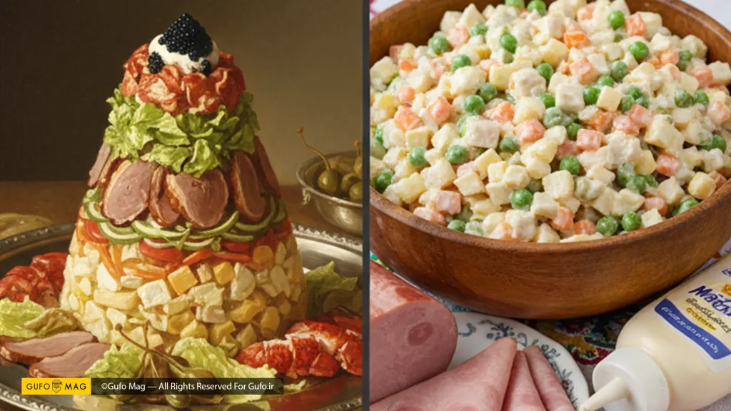 تصویر مقایسهای از سالاد الویه مجلل اصلی و سالاد الویه مدرن با کالباس و مایونز