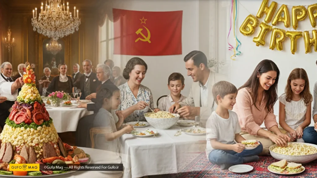 تصویر ترکیبی از سالاد الویه در دوران اشرافی، شوروی و مدرن