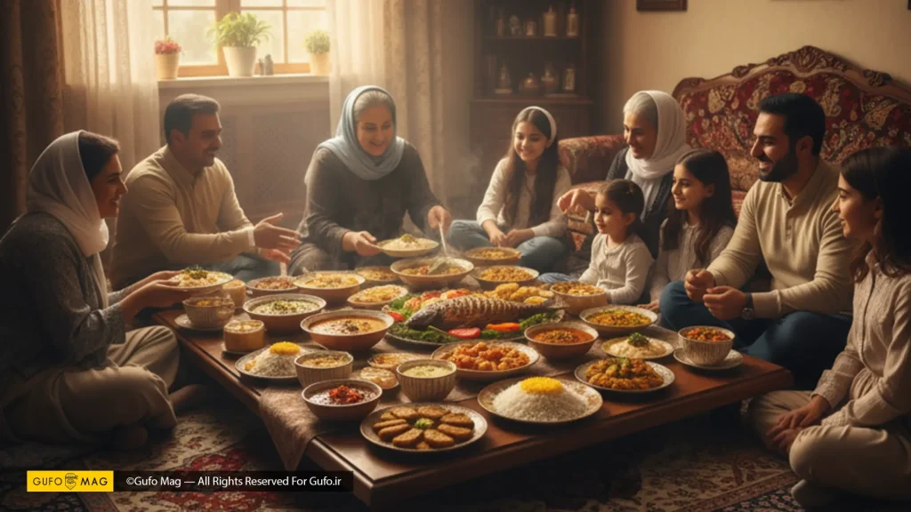 خانوادهای ایرانی در حال صرف غذای سنتی (انواع خورش و پلو) دور سفرهای پر از غذا در فضایی گرم