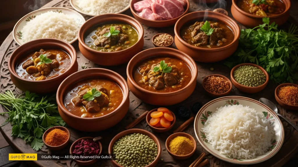 میزی پر از خورشهای ایرانی و مواد اولیه خورش شامل گوشت، سبزیجات، حبوبات و ادویه، همراه با چند خورش آماده