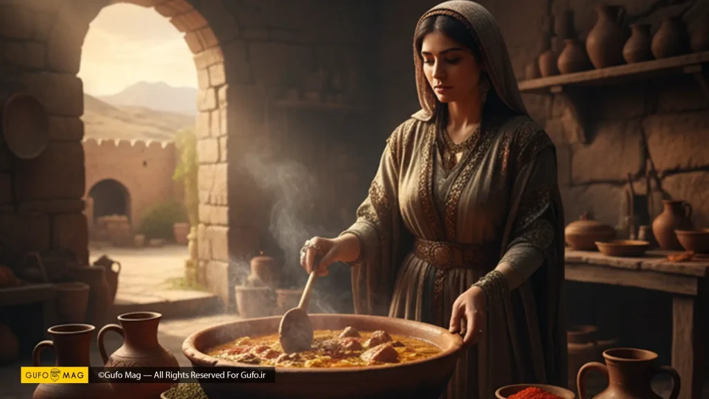 زنی با لباس سنتی در حال طبخ خورش روی آتش در آشپزخانهای روستایی