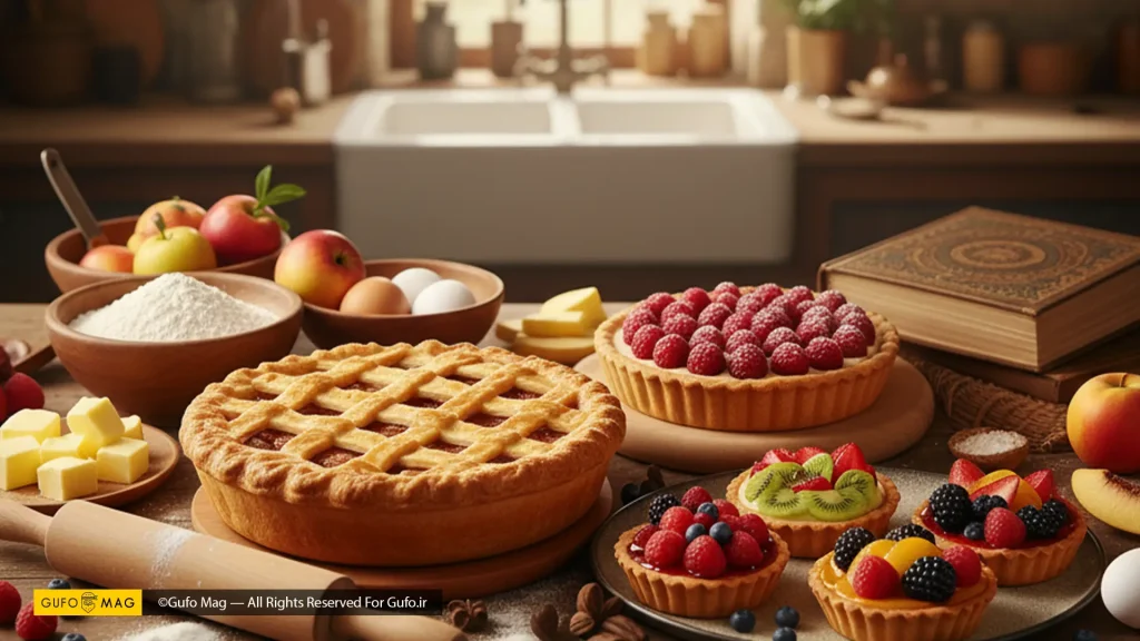 آشپزخانه روستایی با مواد اولیه پخت و پای و تارت پخته شده