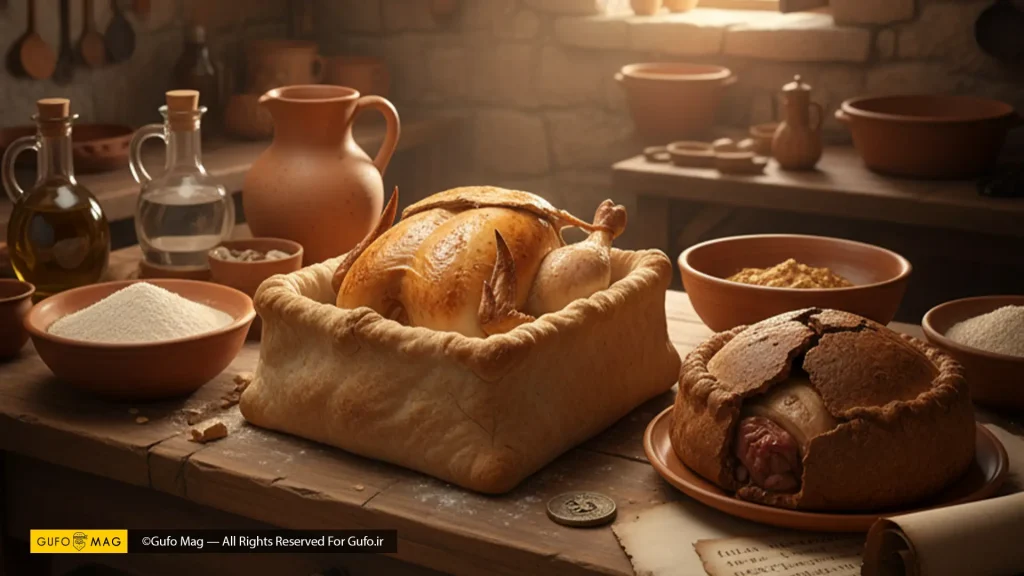 آشپزخانه باستانی با پایهای گوشت اولیه و ظروف سفالی