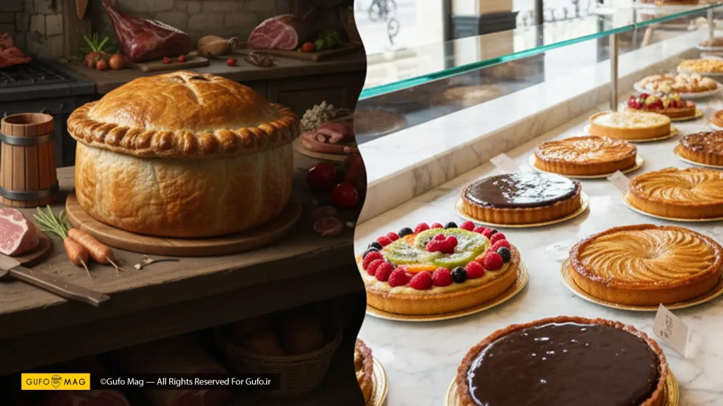 آشپزخانه قرون وسطایی با پای گوشت و ویترین قنادی مدرن با تارتها