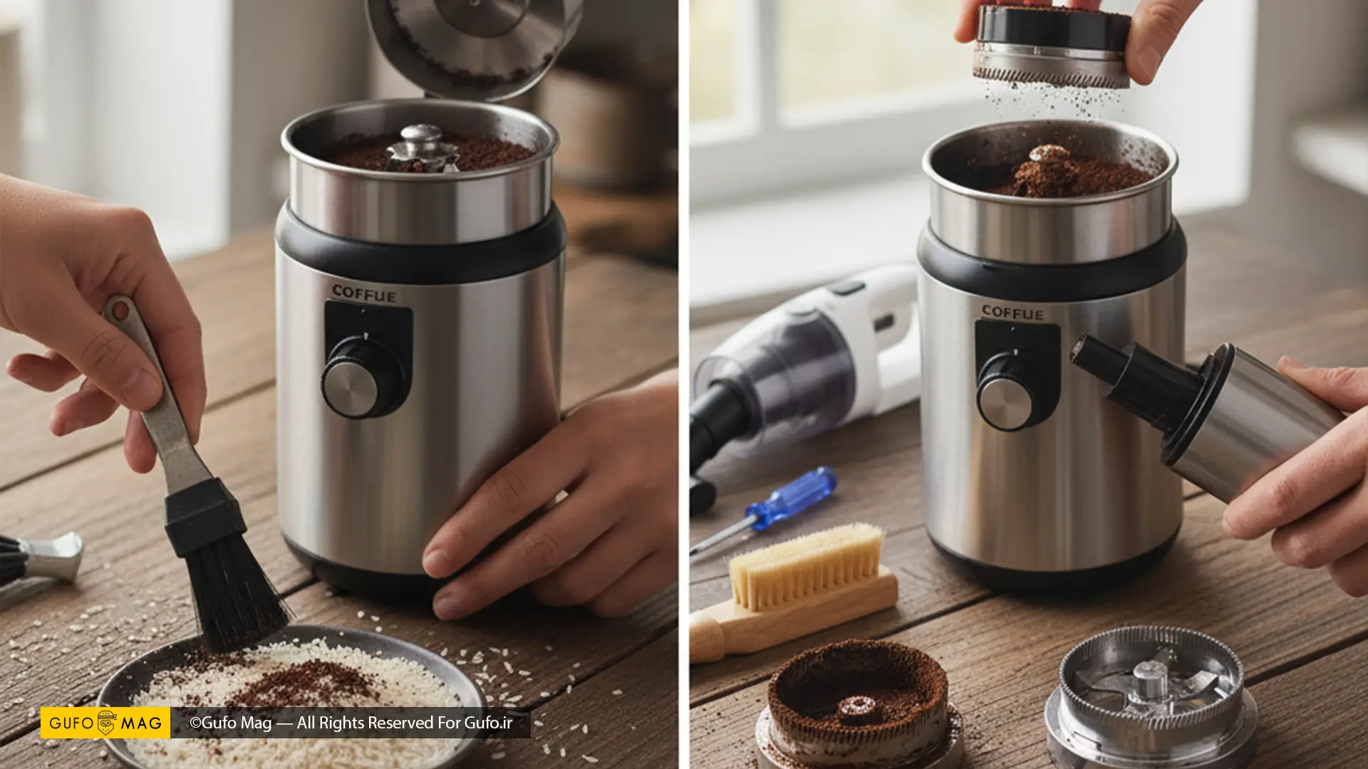 مقایسه دو روش تمیز کردن آسیاب؛ تمیز کردن آسیاب تیغهای با برنج و تمیز کردن عمیق آسیاب سنگی قهوه با برس و جاروبرقی