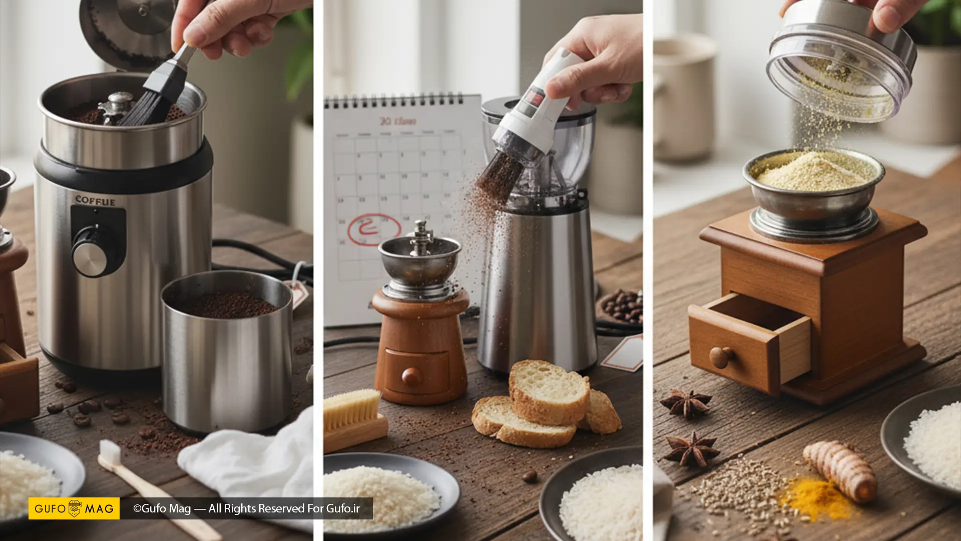 تمیزکاری روزانه (تمیز کردن سریع)، ماهانه (تمیز کردن عمیق) و تمیز کردن آسیاب ادویه با برنج