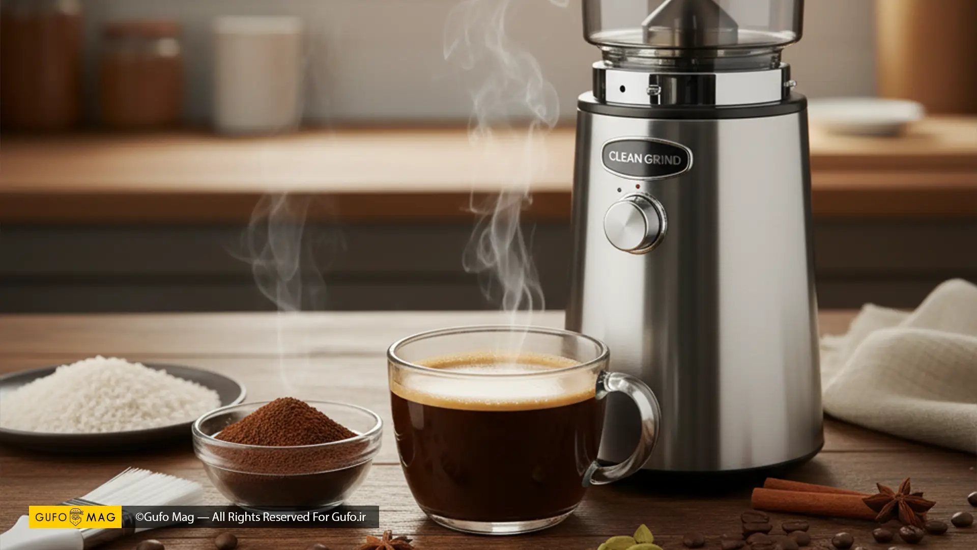 مجموعهای از آسیابهای قهوه و ادویه با لوازم جانبی تمیزکننده، برنج و ادویههای مختلف روی میز