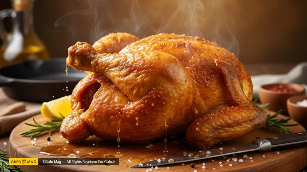 مرغ کامل سرخ شده و برشته روی تخته چوبی با رزماری در قاب طلایی