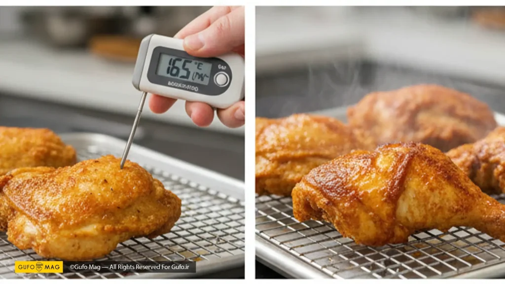 مراحل سرخ کردن، برگرداندن، تست دما و استراحت مرغ پخته شده