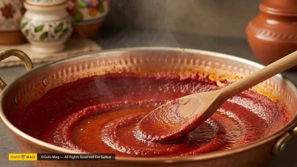 تفت دادن رب گوجه فرنگی در تابه مسی روی اجاق گاز