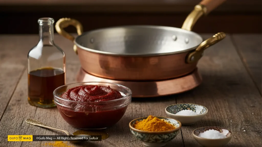 مواد لازم برای تفت دادن رب گوجه فرنگی: رب، روغن، زردچوبه و نمک در کنار تابه مسی.