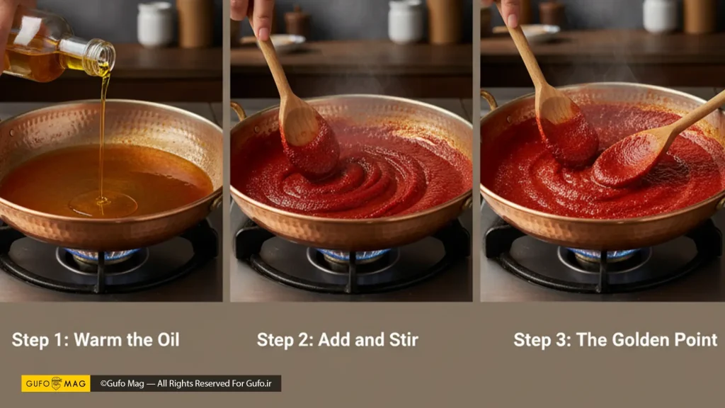 مراحل گام به گام تفت دادن رب گوجه فرنگی شامل افزودن روغن، رب و هم زدن آن