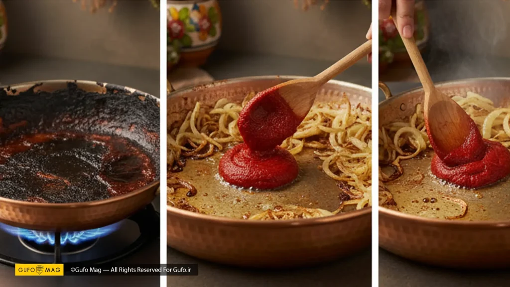 اشتباهات رایج در تفت دادن رب؛ حرارت بالا، اضافه کردن رب به پیاز داغ و تفت جداگانه