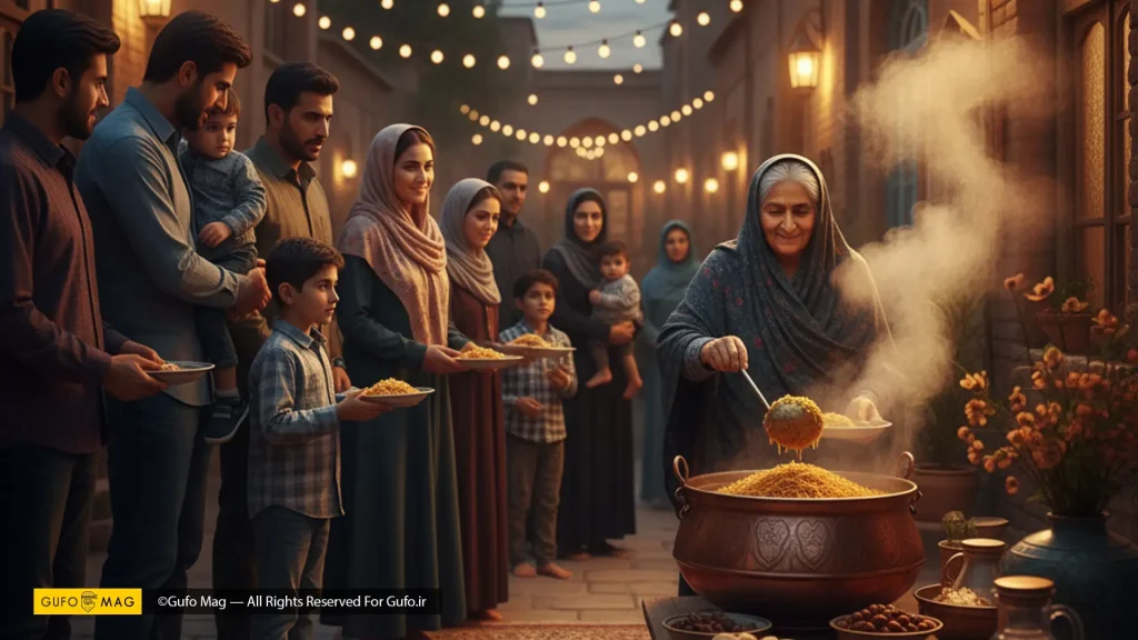 زنی در حال پختن نذری در یک شب مهتابی، با حضور خانوادهها