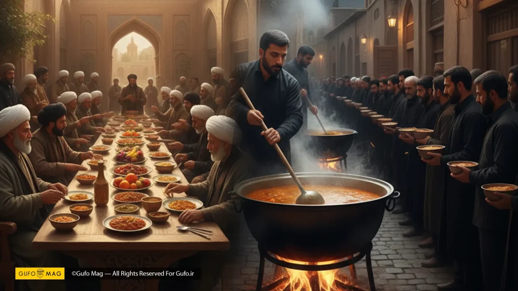 گروهی از مردان در حال پختن نذری قیمه در دیگهای بزرگ در یک کوچه سنتی