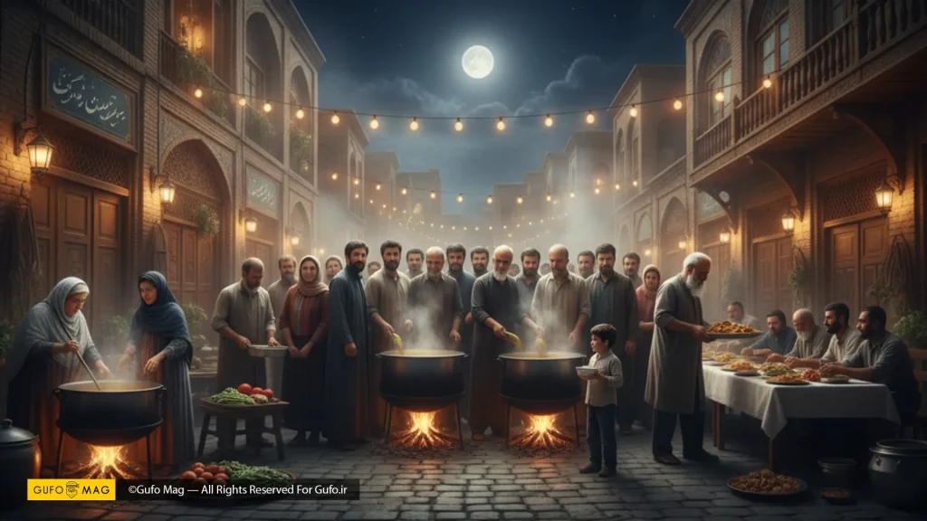 مردمی دور دیگهای بزرگ نذری در خیابان