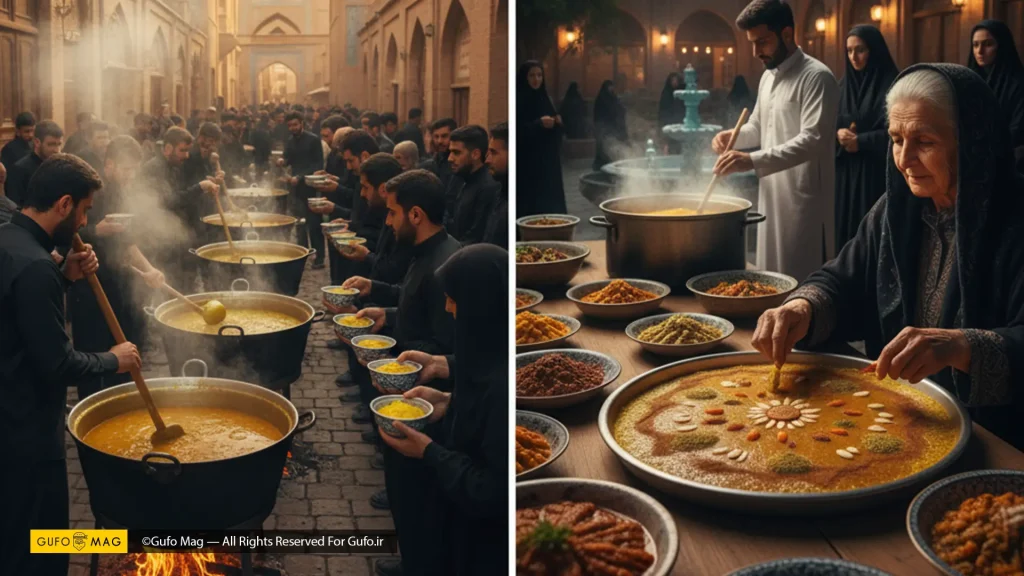 مردانی در حال آمادهسازی غذا در طول روز و زنی در حال تزئین شلهزرد