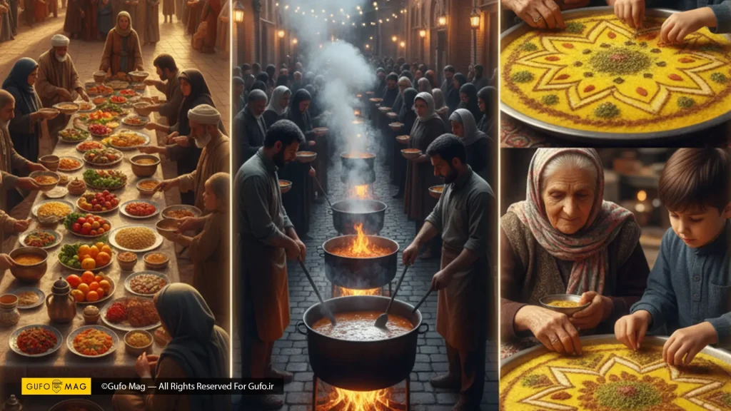 سفره اطعام، پخت غذای نذری در شب، و تزئین شلهزرد توسط یک زن و کودک برای پخش نذری