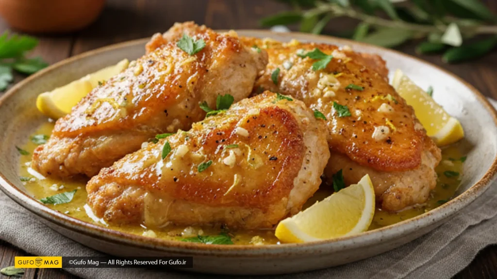 تکههای مرغ طلایی و برشته در سس لیمو و سیر