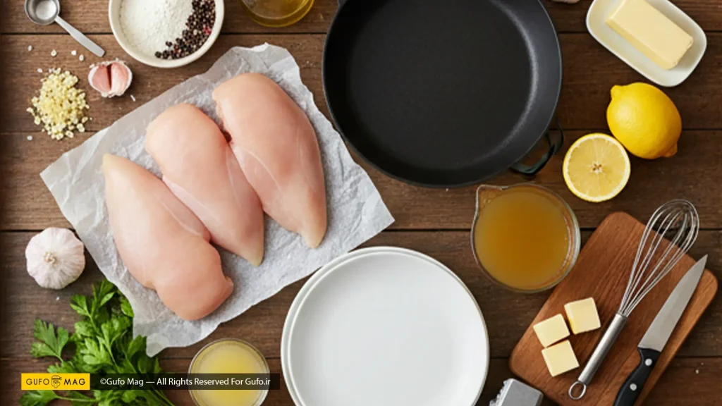 مواد اولیه مرغ با سس لیمو و سیر، شامل مرغ، لیمو، سیر و ادویهها، آماده برای پخت