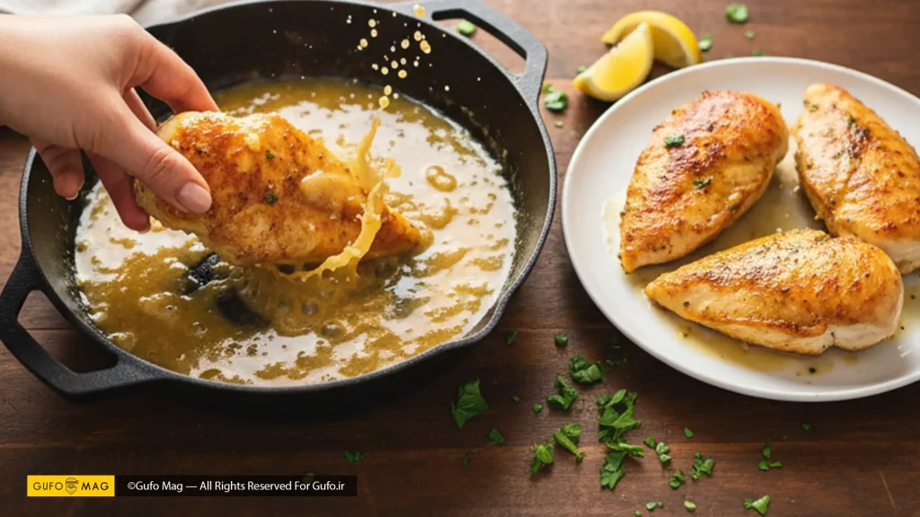 تکههای مرغ در حال آغشته شدن به سس لیمو و سیر در تابه همراه مرغهای سرخ شده