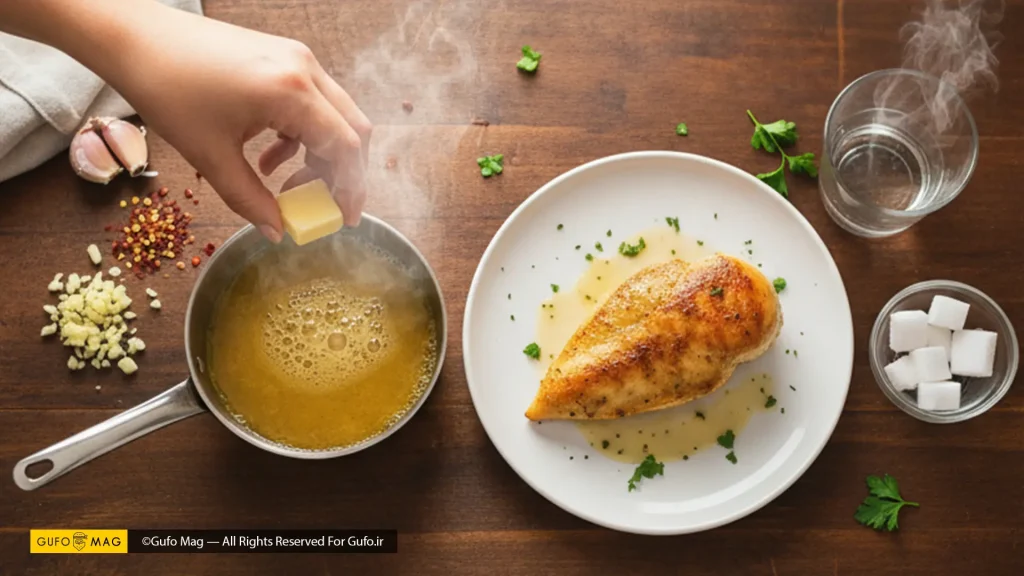 مراحل پایانی تهیه سس با اضافه کردن کره سرد و مرغ آماده سرو، همراه با مواد اولیه و ادویهها