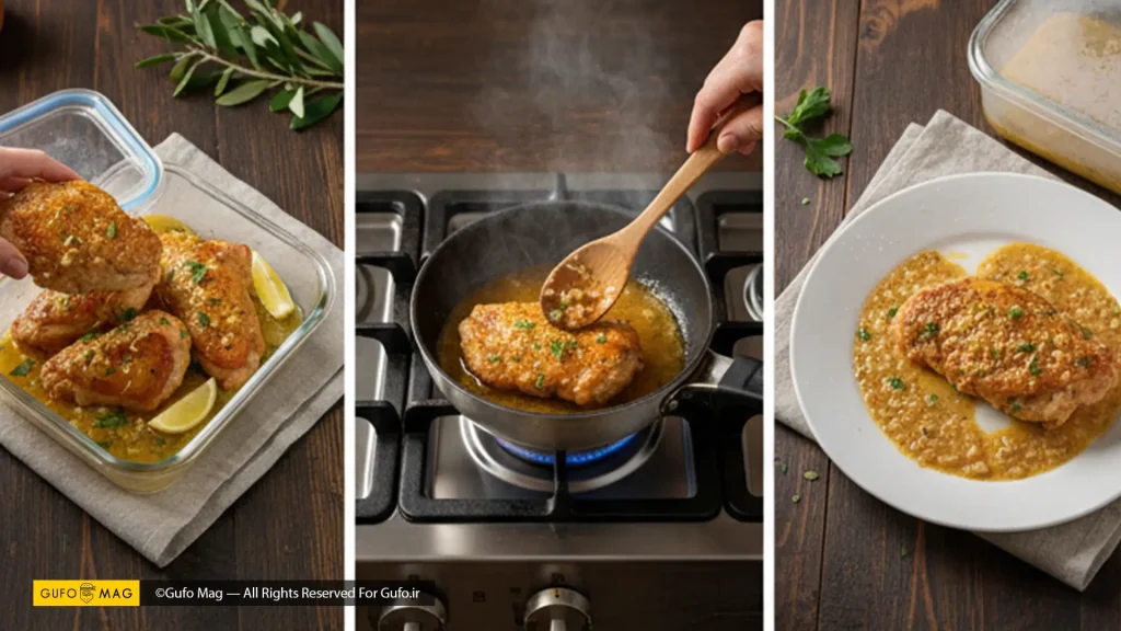 روش نگهداری مرغ در ظرف، گرم کردن آن در تابه، و مرغ آماده سرو