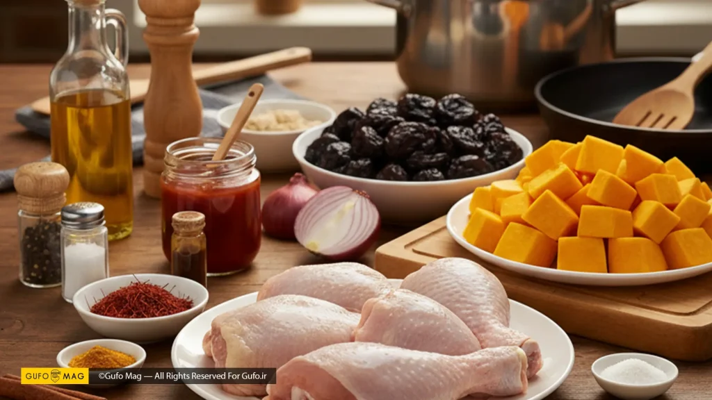 مواد اولیه تازه خورش کدو حلوایی و مرغ، شامل مرغ، کدو، آلو و ادویهها