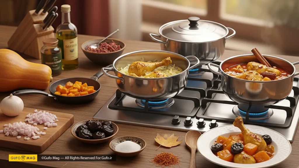 مراحل مختلف پخت خورش کدو حلوایی با مرغ روی اجاق گاز در آشپزخانه