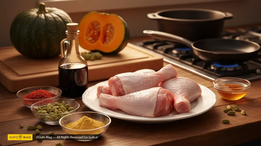 مواد اولیه شامل مرغ، کدو حلوایی و ادویهها برای نکتههای سرآشپز
