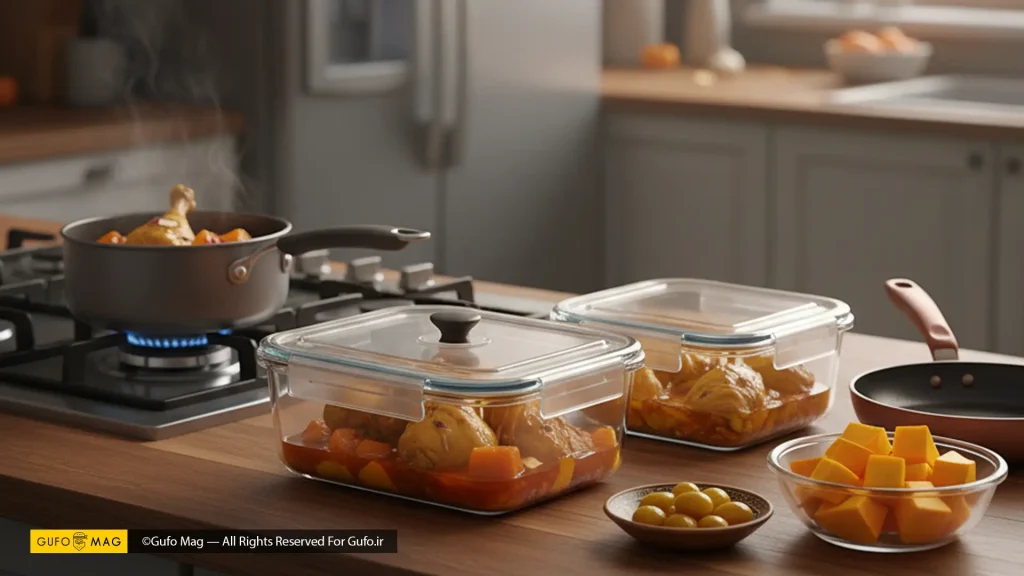 ظروف نگهداری خورش کدو حلوایی با مرغ در آشپزخانه، آماده برای یخچال یا فریزر