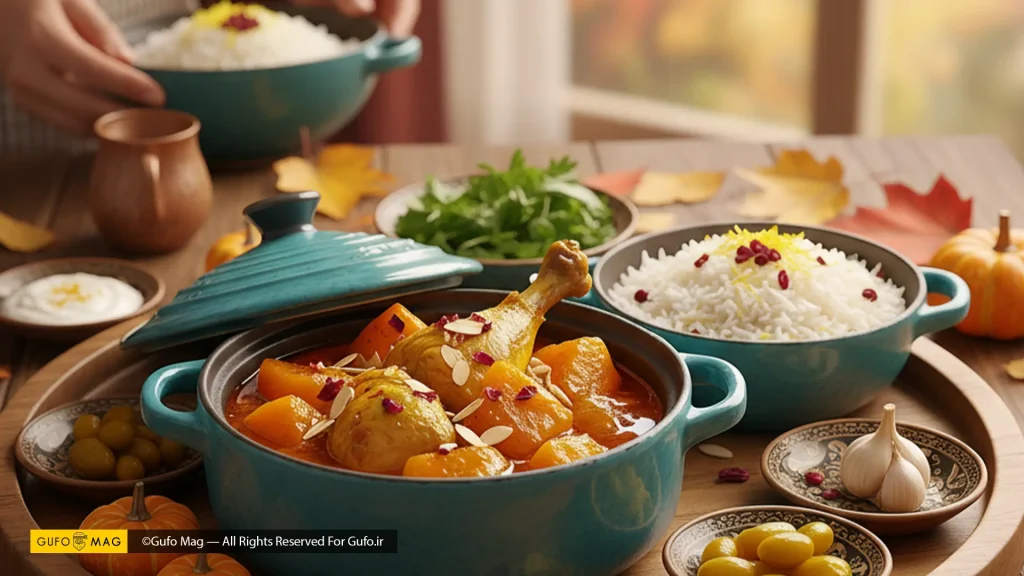 سرو خورش کدو حلوایی با مرغ جاافتاده و برنج زعفرانی در سینی چوبی روی میز