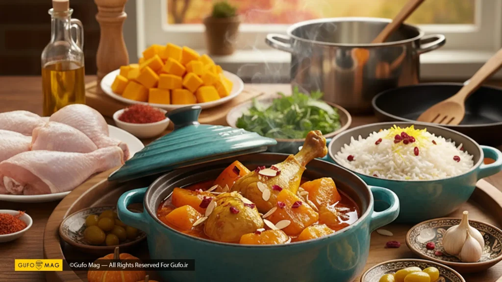 خورش کدو حلوایی با مرغ آماده شده به همراه برنج زعفرانی و مخلفات کنار مواد اولیه