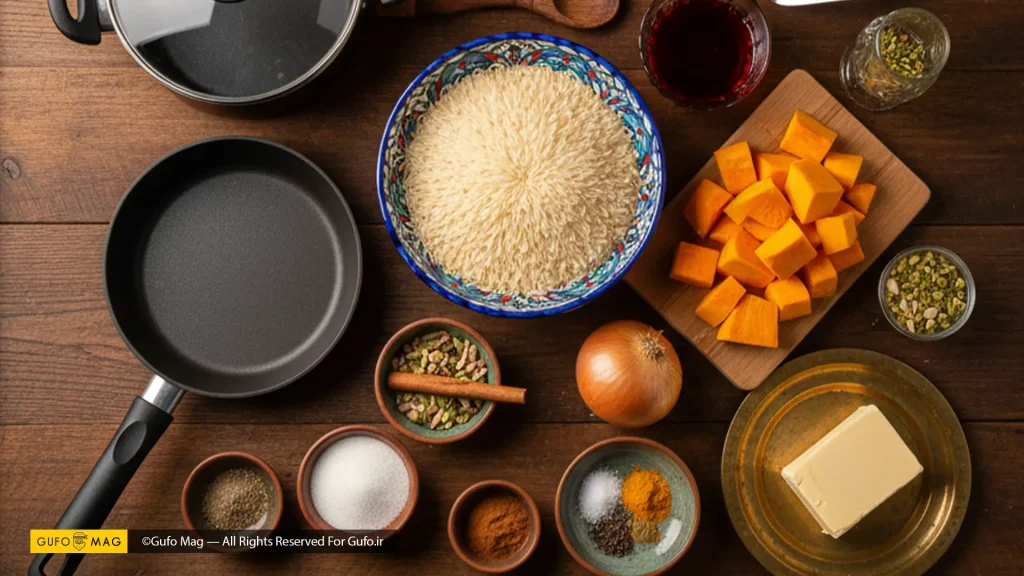 مواد اولیه و ابزار آشپزی پلو کدو حلوایی شامل برنج، کدو، ادویهجات، کره و قابلمه
