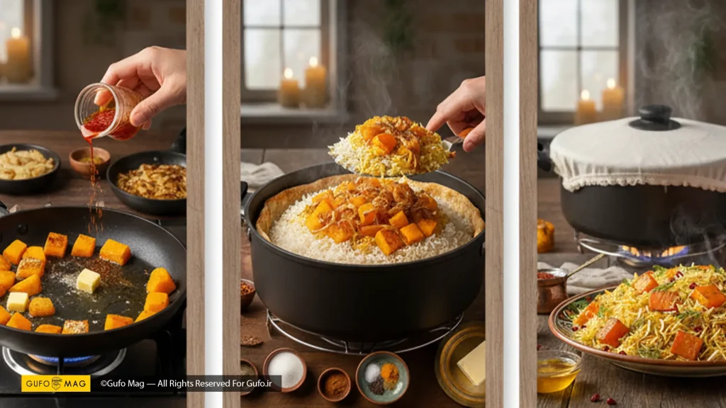 مراحل پخت پلو کدو حلوایی شامل تفت دادن کدو، لایهبندی در قابلمه و دم کشیدن