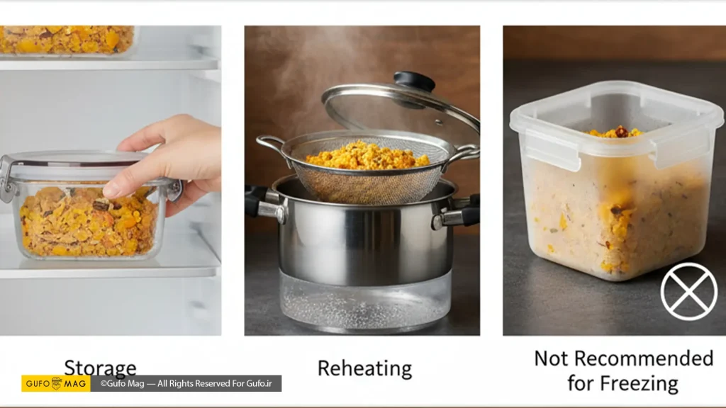 نگهداری، گرم کردن و روش فریز نکردن پلو کدو حلوایی در ظروف مختلف