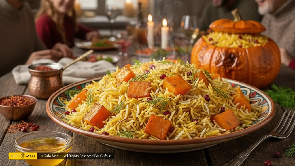 پلو کدو حلوایی سرو شده روی میز شام خانواده