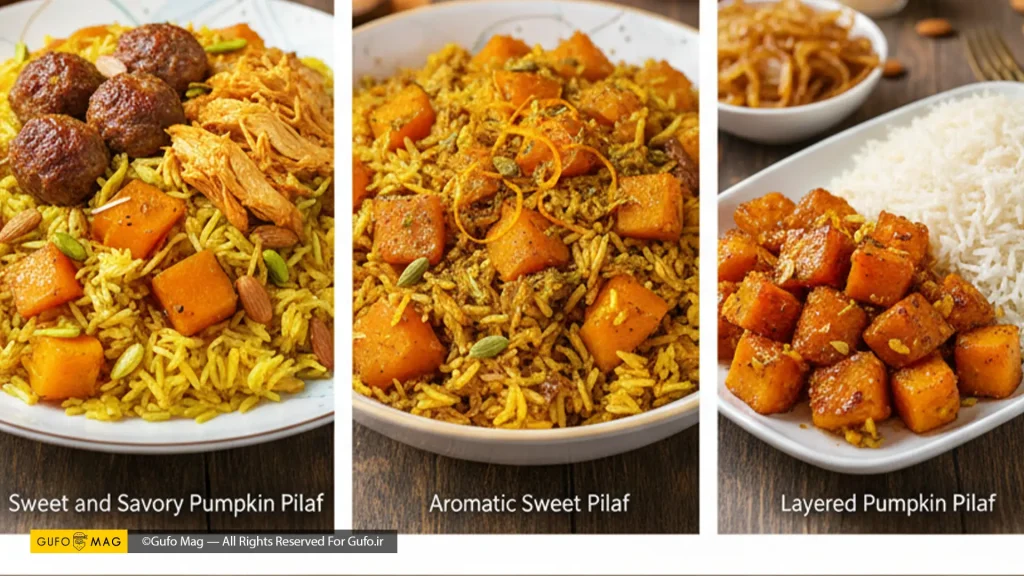 سه نوع سرو پلو کدو حلوایی شامل ملس با گوشت قلقلی، معطر با پوست پرتقال و لایهای