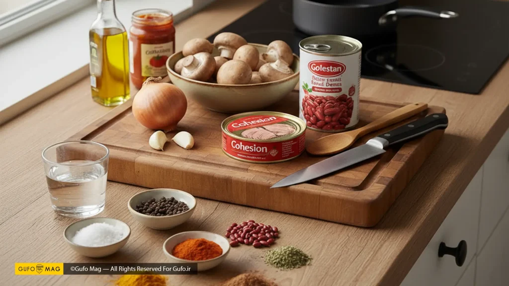 مواد لازم برای تهیه خوراک لوبیا و تن ماهی