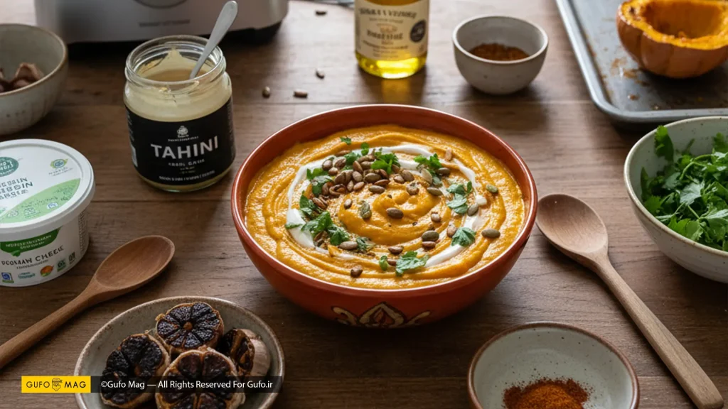 دیپ کدو حلوایی تزئینشده در کاسه همراه سیر کبابی و ادویه