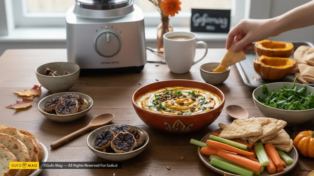 میز ناهارخوری با دیپ کدو حلوایی، انواع نان و سبزیجات، سیر کبابی