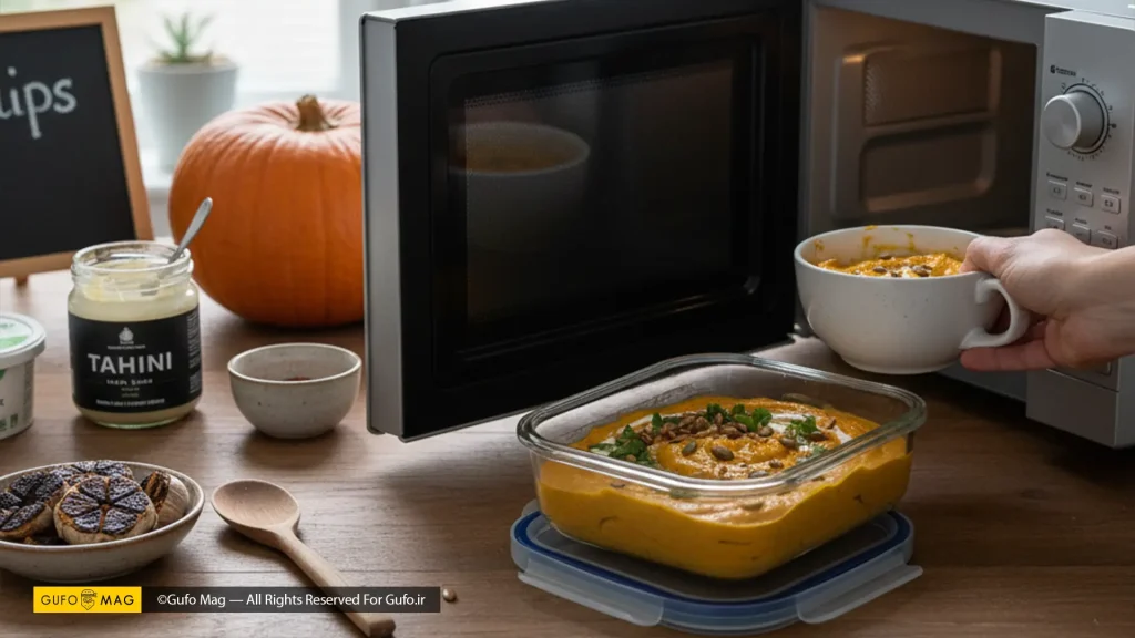 قرار دادن کاسهای از دیپ کدو حلوایی داخل مایکروویو برای گرم کردن مجدد