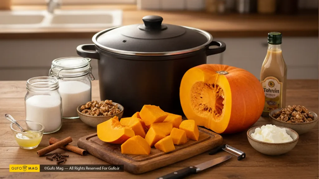 مواد لازم برای دسر کدو حلوایی شامل کدو خرد شده، شکر، گردو و قابلمه